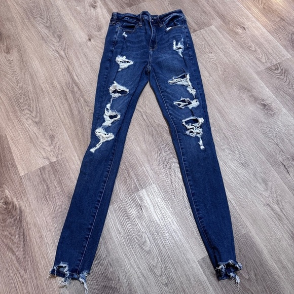 American Eagle Super Hi Rise Jegging 4 Regular Denim Dark Wash Distressed - Picture 1 of 5